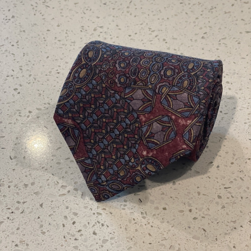 Christian Dior Men's Silk Tie Necktie Monsieur Gray Blue Red 58"X3.75" Geometric